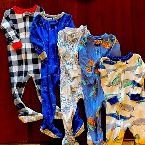 Baby boy 12 month footed cotton sleeper pajamas. Set of 5.